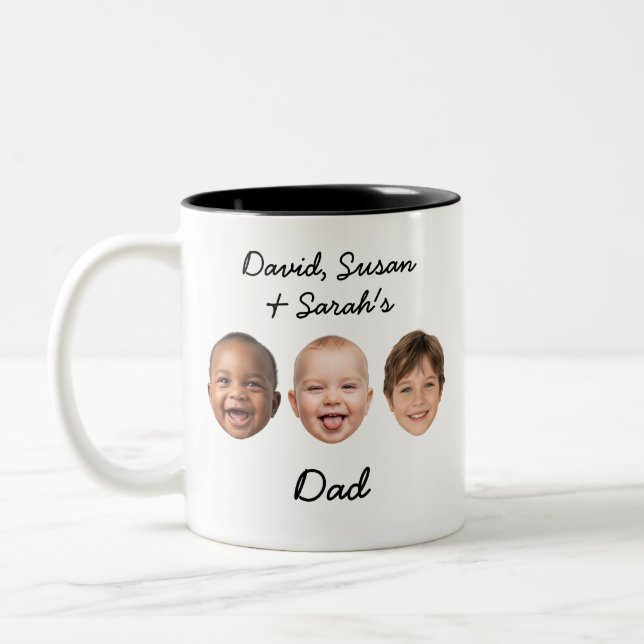 Custom 3 Kids Faces & Names Personalized Dad Gift Two-Tone Coffee Mug (Left)