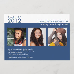 Custom 3 photo blue graduation class of invitation