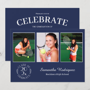 Custom 3 Photo Chic Emblem Navy Graduation Party Invitation
