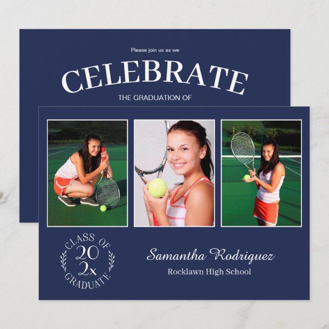 Custom 3 Photo Chic Emblem Navy Graduation Party Invitation (Front/Back)