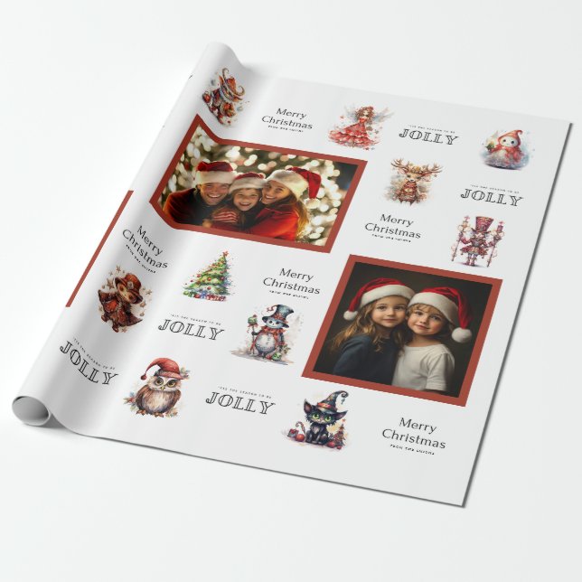 Custom 3 Photo Christmas Characters Wrapping Paper (Unrolled)