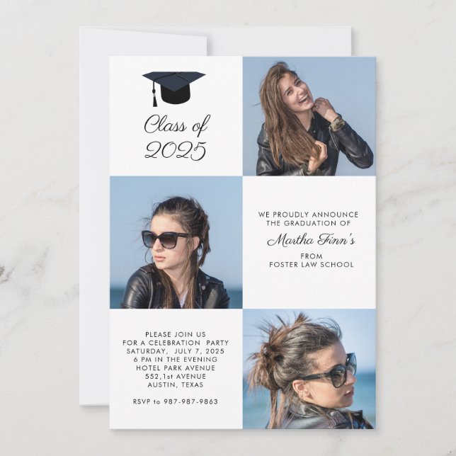 Custom 3 Photo Collage Class Graduation Invitation (Front)