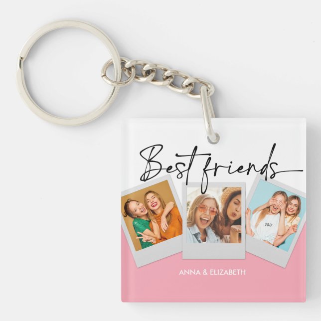 Custom 3 Photo Collage Cute Simple Pink BFF  Keychain (Front)