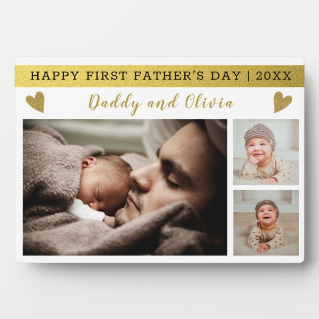 Custom 3 Photo Collage Happy First Father's Day Plaque (Front)