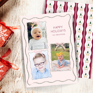 Custom 3 Photo Collage Pink Bow Wavy Frame Holiday Card