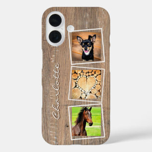Custom 3 Photo Collage Rustic Wood Monogram Name iPhone 16 Case