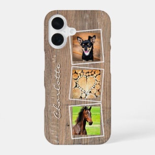 Custom 3 Photo Collage Rustic Wood Monogram Name iPhone 16 Case