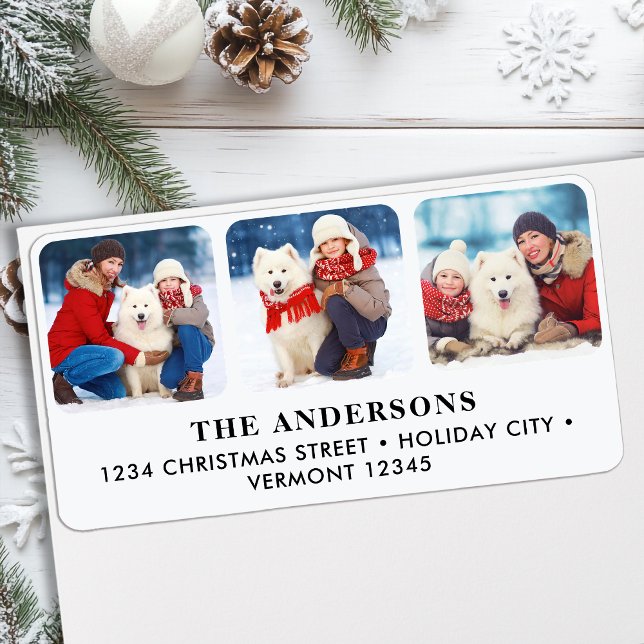 Custom 3 Photo Family Pet Christmas Return Address Label (Creator Uploaded)
