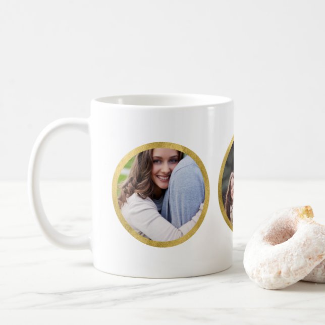 Custom 3 Photo Faux Gold Round Border Coffee Mug (With Donut)
