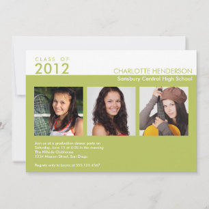 Custom 3 photo green graduation class invitation