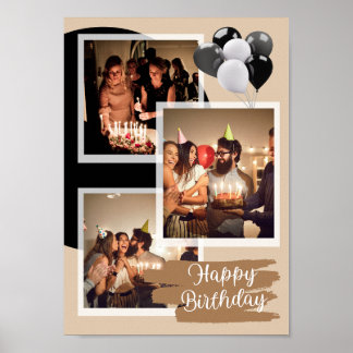 Custom 3 Photo Happy Birthday Collage  Poster