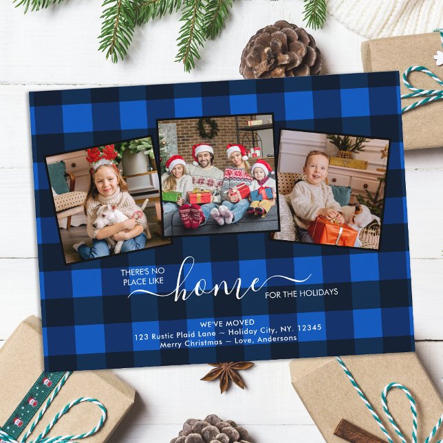 Custom 3 Photo New Home Blue Plaid Holiday Moving Announcement Postcard (Creator Uploaded)