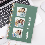 Custom 3-Photo Personalized Eucalyptus Green 2025 Planner<br><div class="desc">Easily customize this modern planner by replacing the three sample images with your favourite square photos. Add your name or monogram initials and the year in chunky white typography on a trendy eucalyptus green background.</div>