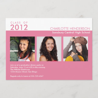 Custom 3 photo pink graduation class of invitation