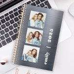 Custom 3-Photo Silver Brushed Metal 2025 Planner<br><div class="desc">Easily customize this modern planner by replacing the three sample images with your favourite square photos. Add your name or monogram initials and the year in chunky white typography on a silver faux brushed metal background.</div>