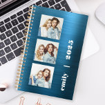 Custom 3-Photo Teal Blue Brushed Metal 2025 Planner<br><div class="desc">Easily customize this modern planner by replacing the three sample images with your favourite square photos. Add your name or monogram initials and the year in chunky white typography on a teal blue faux brushed metal background.</div>