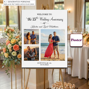 Custom 3 Photos 15th Wedding Anniversary Welcome Poster