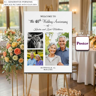Custom 3 Photos 40th Wedding Anniversary Welcome Poster