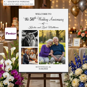 Custom 3 Photos 50th Wedding Anniversary Welcome Poster