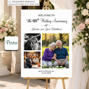 Custom 3 Photos 60th Wedding Anniversary Welcome Poster