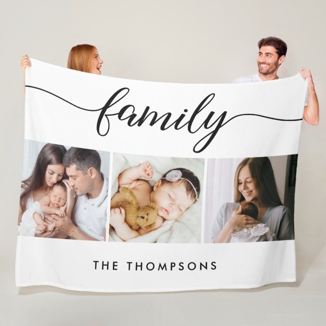Custom 3 Photos Modern Script Family Name Fleece Blanket (In Situ)