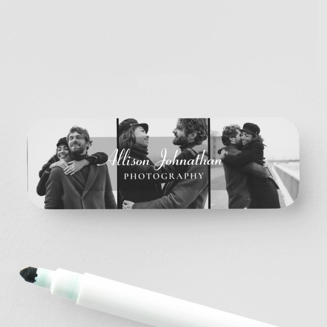 custom 3 photos modern script photography name tag (In Situ)