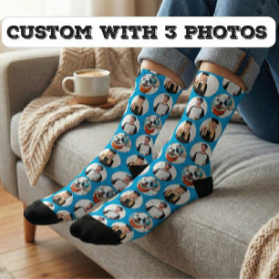 Custom 3 Photos Pattern Blue Socks