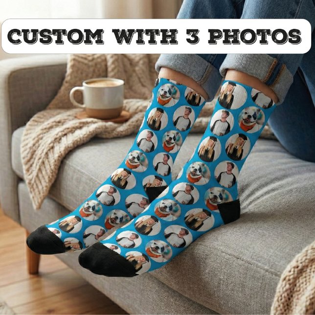 Custom 3 Photos Pattern Blue Socks (Creator Uploaded)