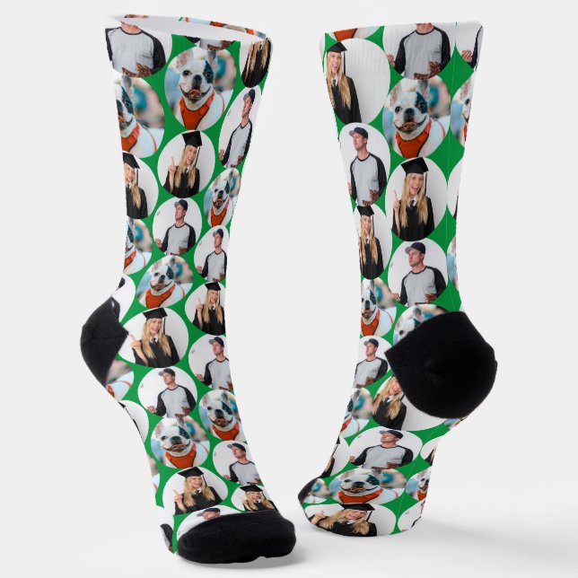 Custom 3 Photos Pattern Green Socks (Angled)