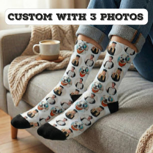 Custom 3 Photos Pattern white Socks