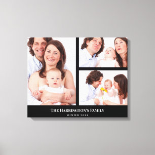 Custom 3 Sections Family Photo Collage Black Frame Canvas Print
