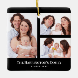 Custom 3 Sections Family Photo Collage Black Frame Ceramic Ornament