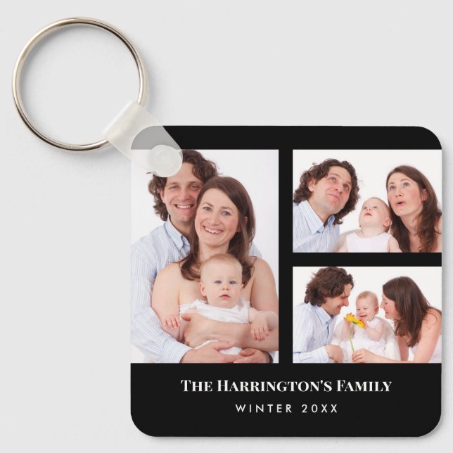 Custom 3 Sections Family Photo Collage Black Frame Keychain (Front)
