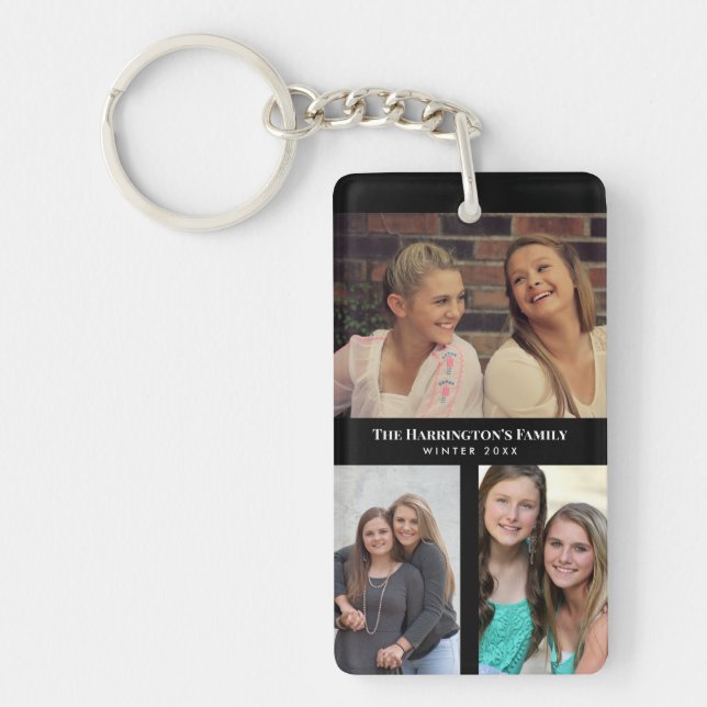 Custom 3 Sections Family Photo Collage Black Frame Keychain (Front)
