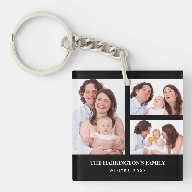 Custom 3 Sections Family Photo Collage Black Frame Keychain (Front)