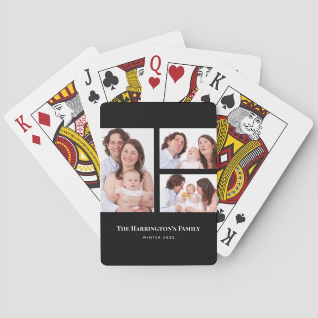 Custom 3 Sections Family Photo Collage Black Frame Playing Cards (Back)