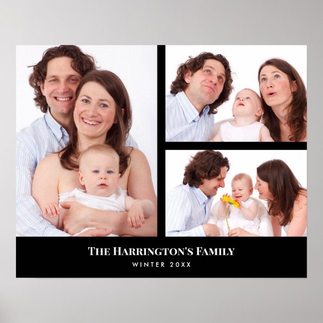 Custom 3 Sections Family Photo Collage Black Frame Poster (Front)