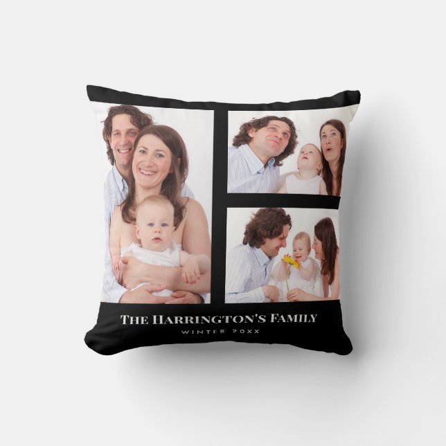 Custom 3 Sections Family Photo Collage Black Frame Throw Pillow (Front)