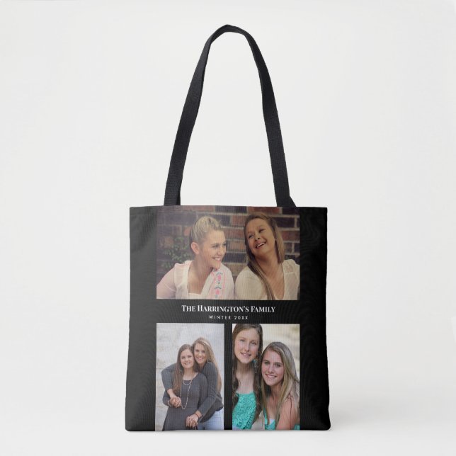 Custom 3 Sections Family Photo Collage Black Frame Tote Bag (Front)