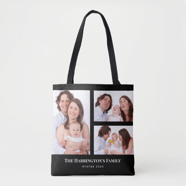 Custom 3 Sections Family Photo Collage Black Frame Tote Bag (Front)