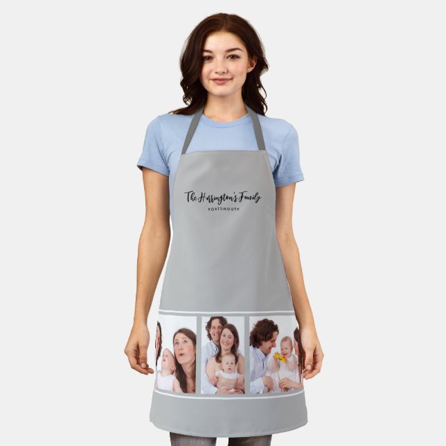 Custom 3 Sections Family Photo Collage Grey Frame Apron (Worn)
