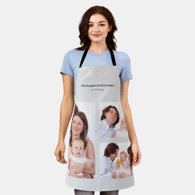 Custom 3 Sections Family Photos Collage Grey Frame Apron (Worn)