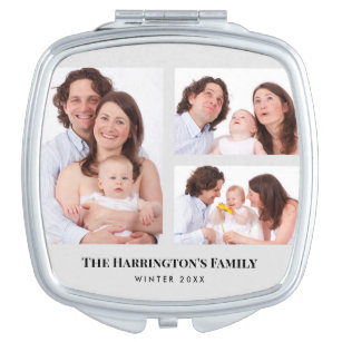 Custom 3 Sections Family Photos Collage Grey Frame Compact Mirror