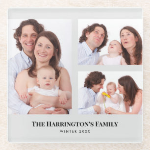 Custom 3 Sections Family Photos Collage Grey Frame Glass Coaster