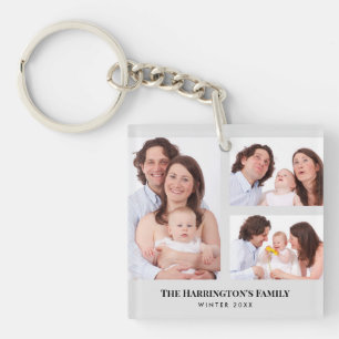 Custom 3 Sections Family Photos Collage Grey Frame Keychain