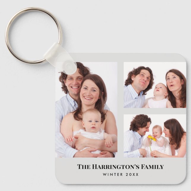 Custom 3 Sections Family Photos Collage Grey Frame Keychain (Front)