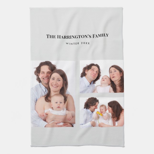 Custom 3 Sections Family Photos Collage Grey Frame Kitchen Towel (Vertical)