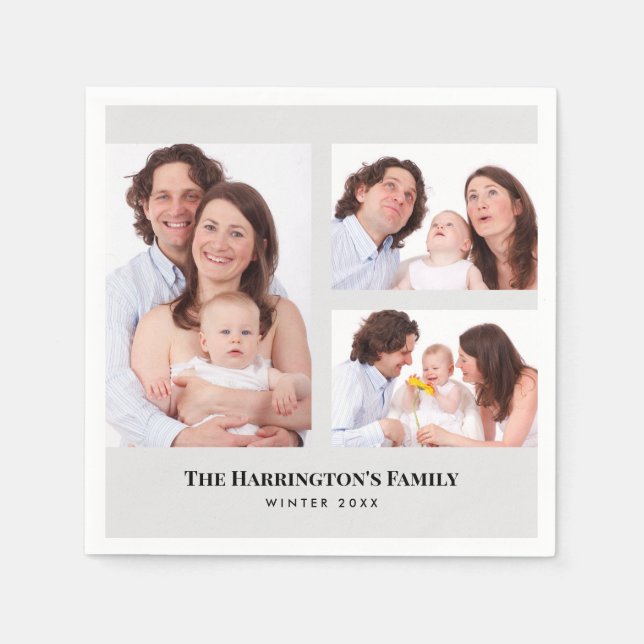 Custom 3 Sections Family Photos Collage Grey Frame Napkin (Front)