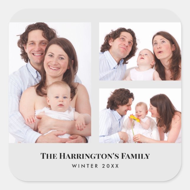 Custom 3 Sections Family Photos Collage Grey Frame Square Sticker (Front)