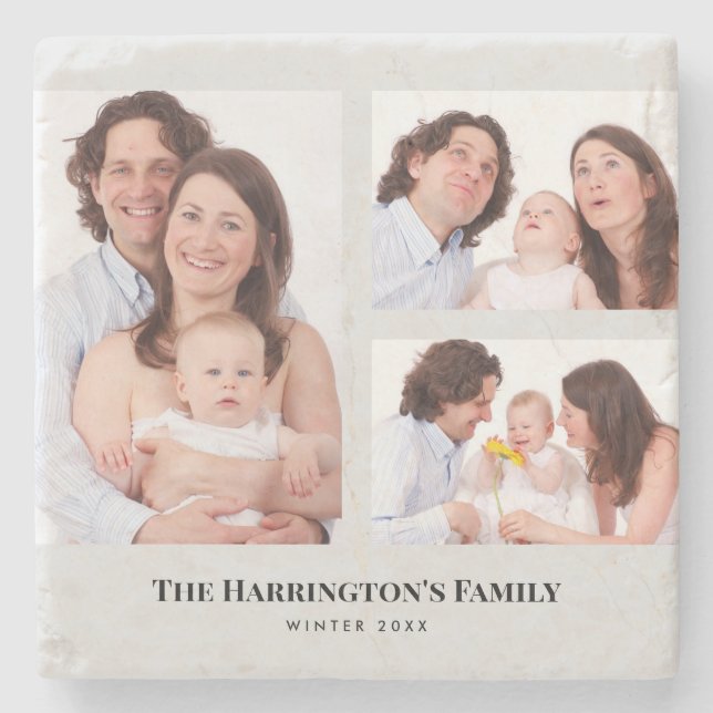 Custom 3 Sections Family Photos Collage Grey Frame Stone Coaster (Front)
